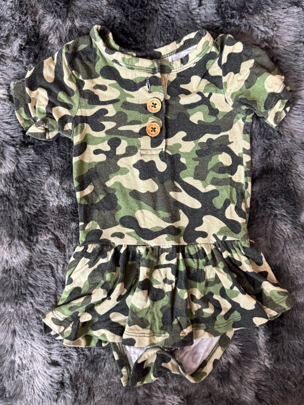 Posh Peanut Camouflage Short Sleeve Ruffle Dress Onesie